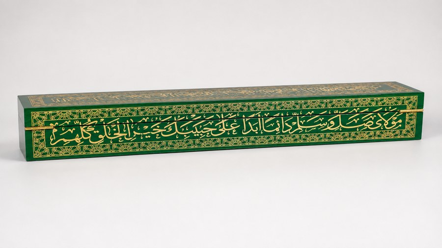 Zulf Shareef case, hinge side at the back of the box, showing the gold calligraphy