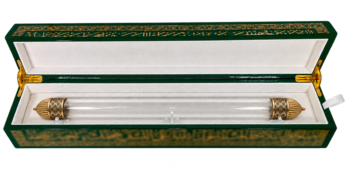 Zulf Shareef case with glass tube, gold domed caps