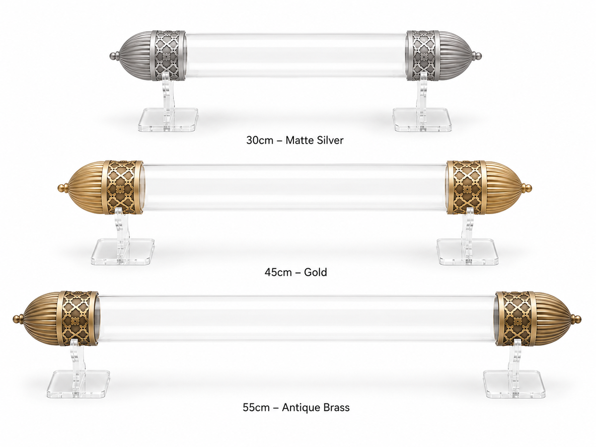 Three glass tube lengths — 30cm matte silver, 45cm gold, 55cm antique brass